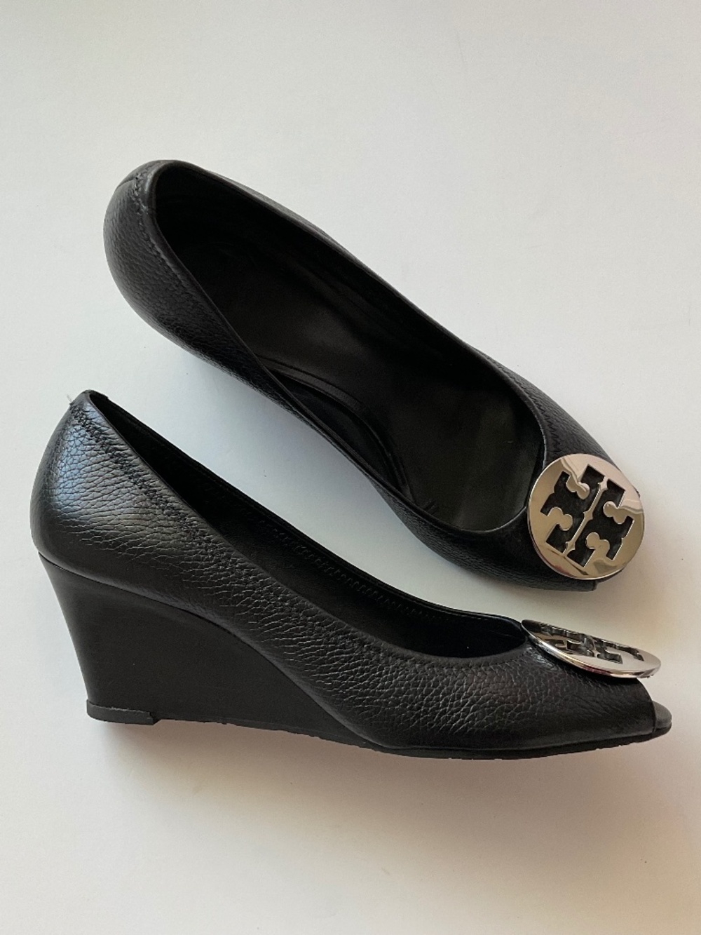 TORY BURCH  Sally 2 Slip-On Pumps Heels Tumbled Leather Black /Silver  Size 10
